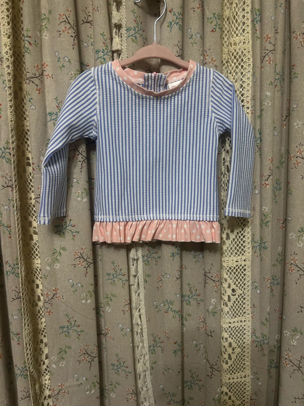 RuffleButts Blue Stripe Rash Guard Peplum Top 18-24M